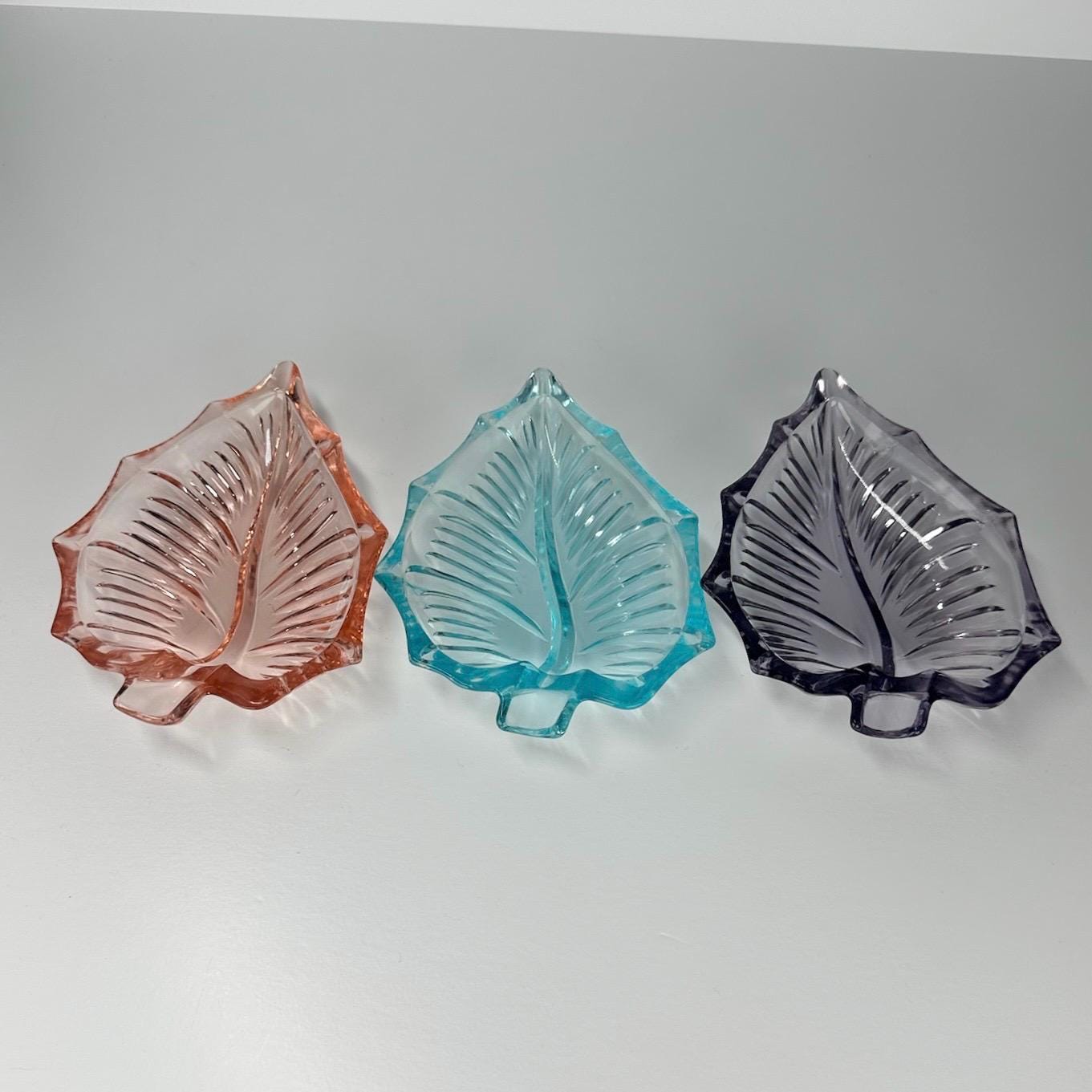 Vintage Glass Ashtrays or Trinket Dishes in Pink, Purple, and Blue Shaped Leaves