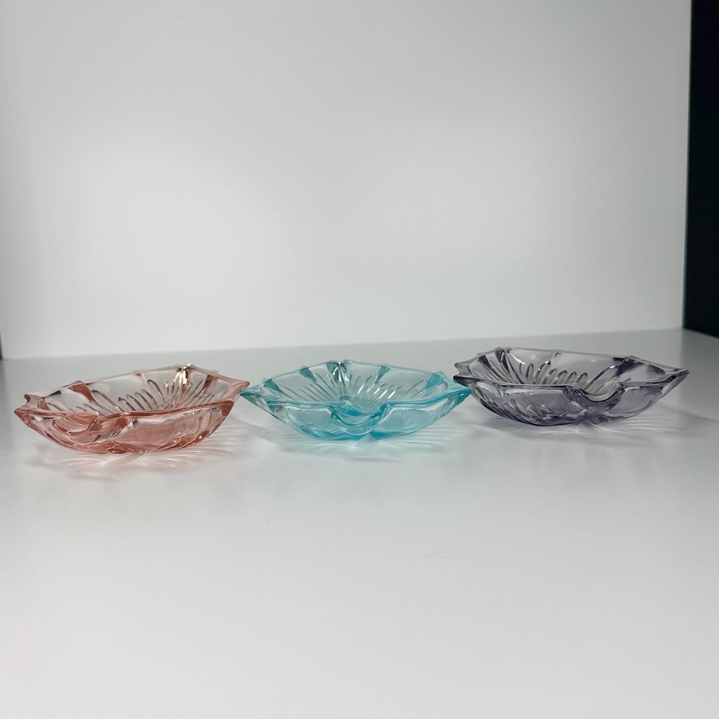 Vintage Glass Ashtrays or Trinket Dishes in Pink, Purple, and Blue Shaped Leaves