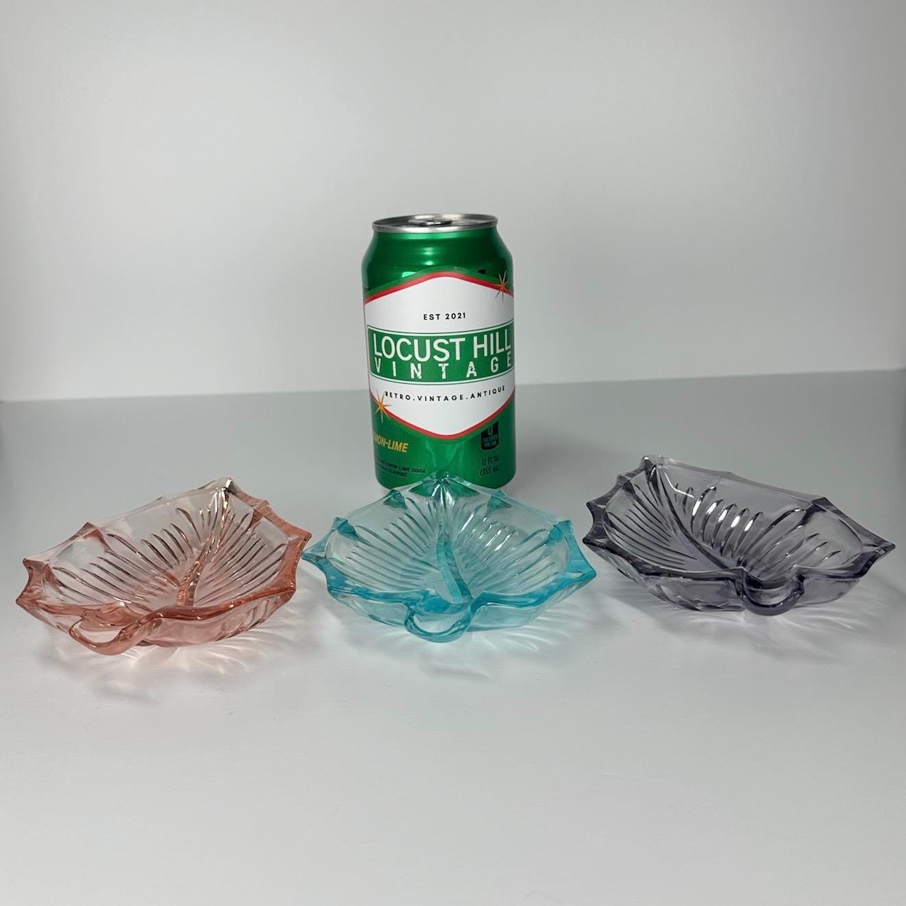 Vintage Glass Ashtrays or Trinket Dishes in Pink, Purple, and Blue Shaped Leaves