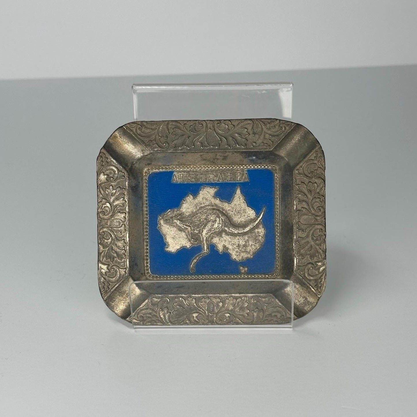 Vintage Metal Ashtray of Australia and Kangaroo with Blue Enamel Ocean Made in Japan
