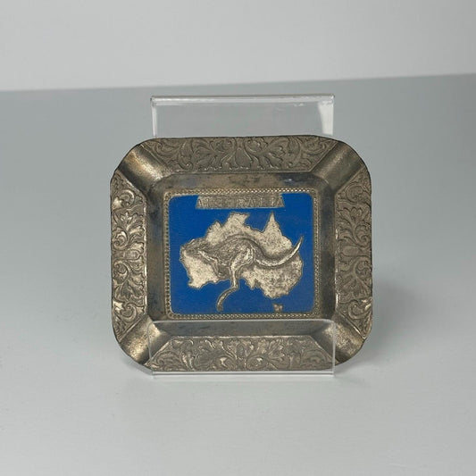 Vintage Metal Ashtray of Australia and Kangaroo with Blue Enamel Ocean Made in Japan