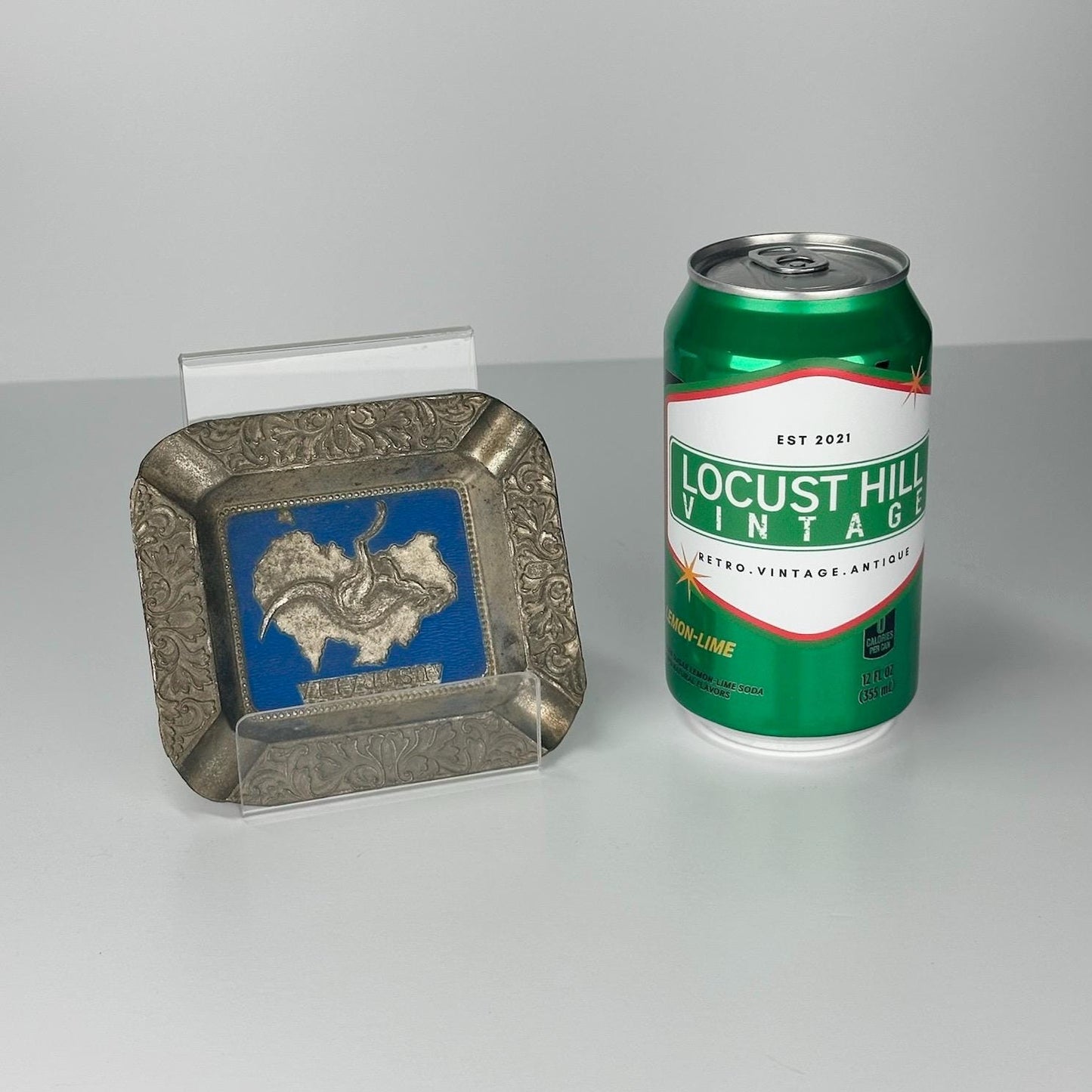 Vintage Metal Ashtray of Australia and Kangaroo with Blue Enamel Ocean Made in Japan
