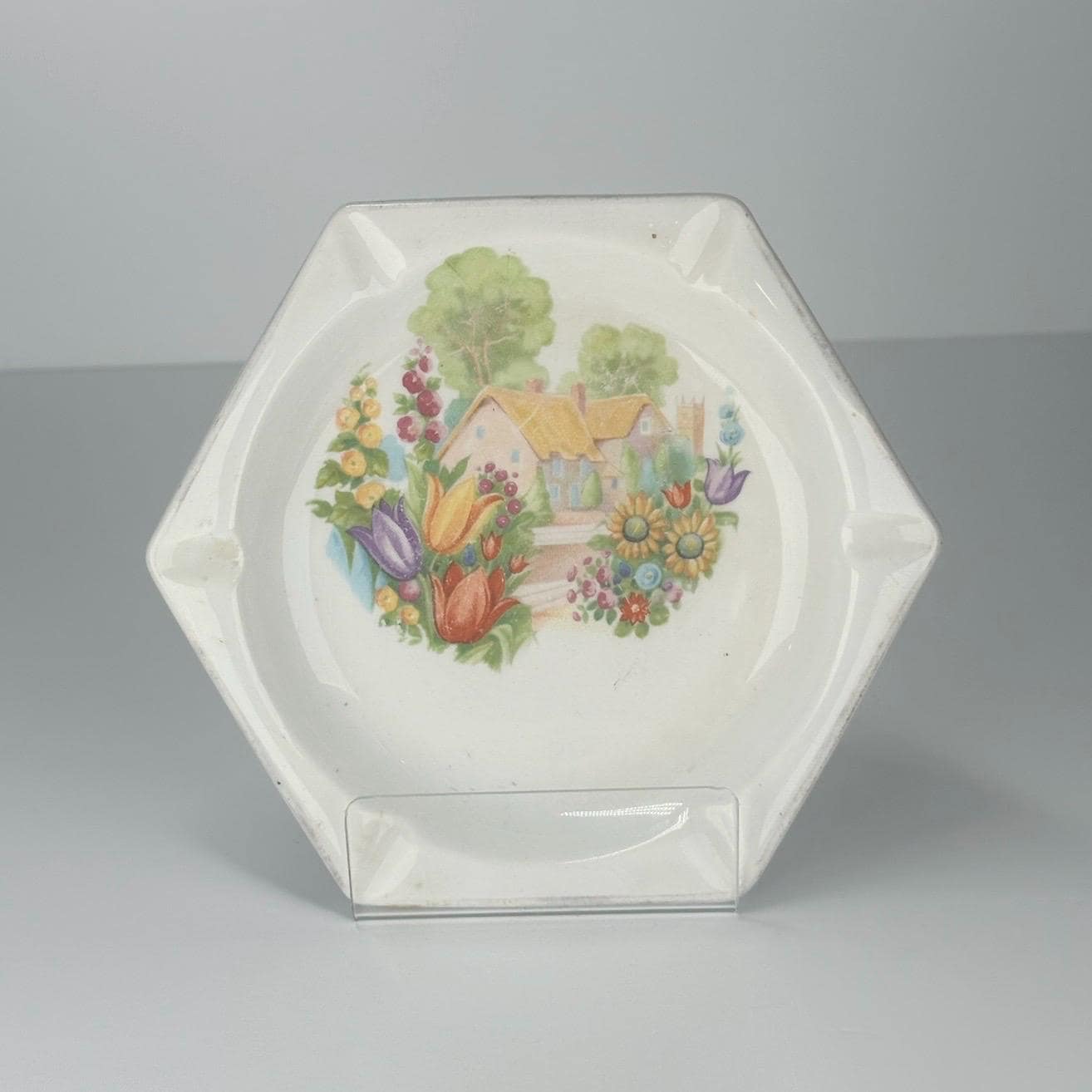 Vintage Ashtray with Painted House and Floral Design Made by Columbia Chinaware