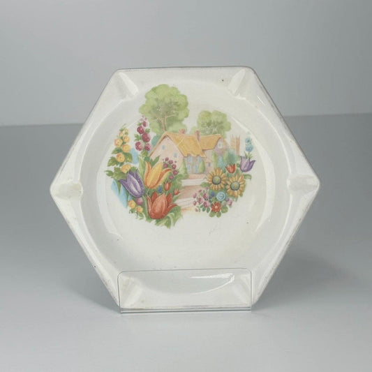 Vintage Ashtray with Painted House and Floral Design Made by Columbia Chinaware