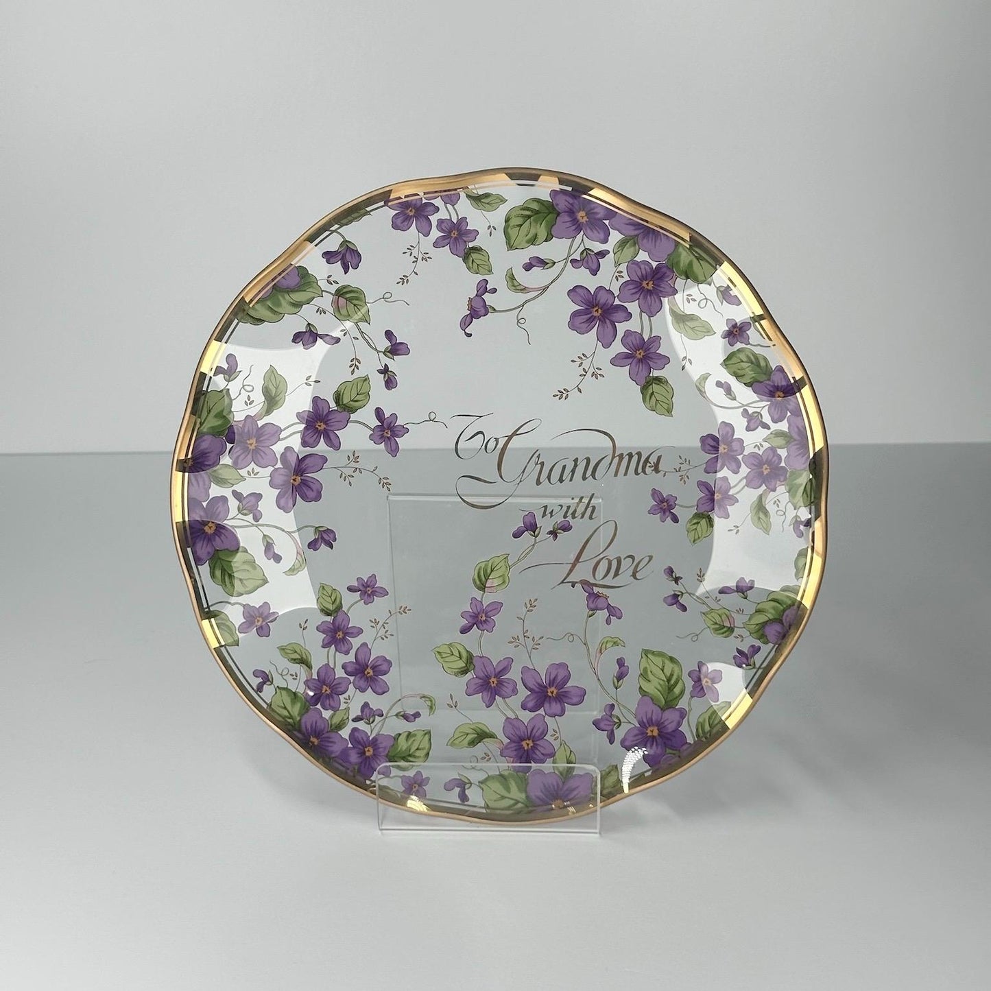 Vintage Glass Plate of Purple Violets "To Grandma with Love" by Lefton