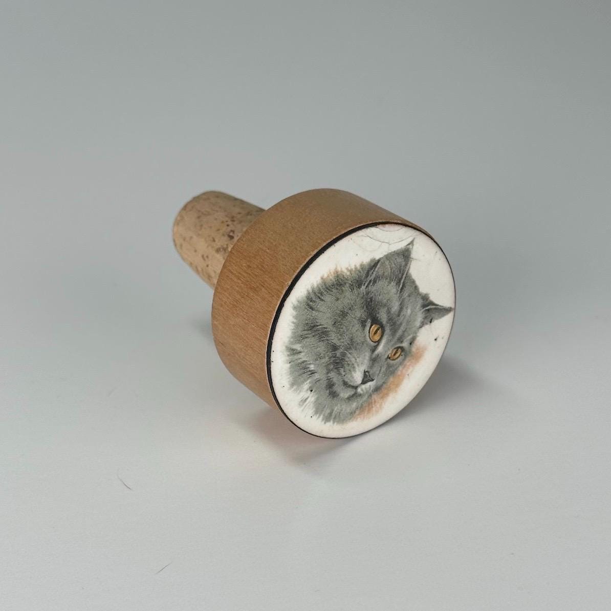 Vintage Bottle Stopper with Ceramic Cat Picture