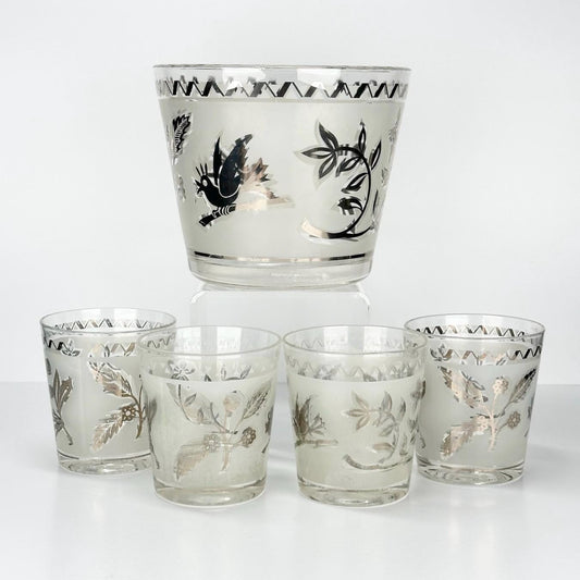 Vintage Ice Bucket and Tumbler Set with Silver Leaf Design by Libbey