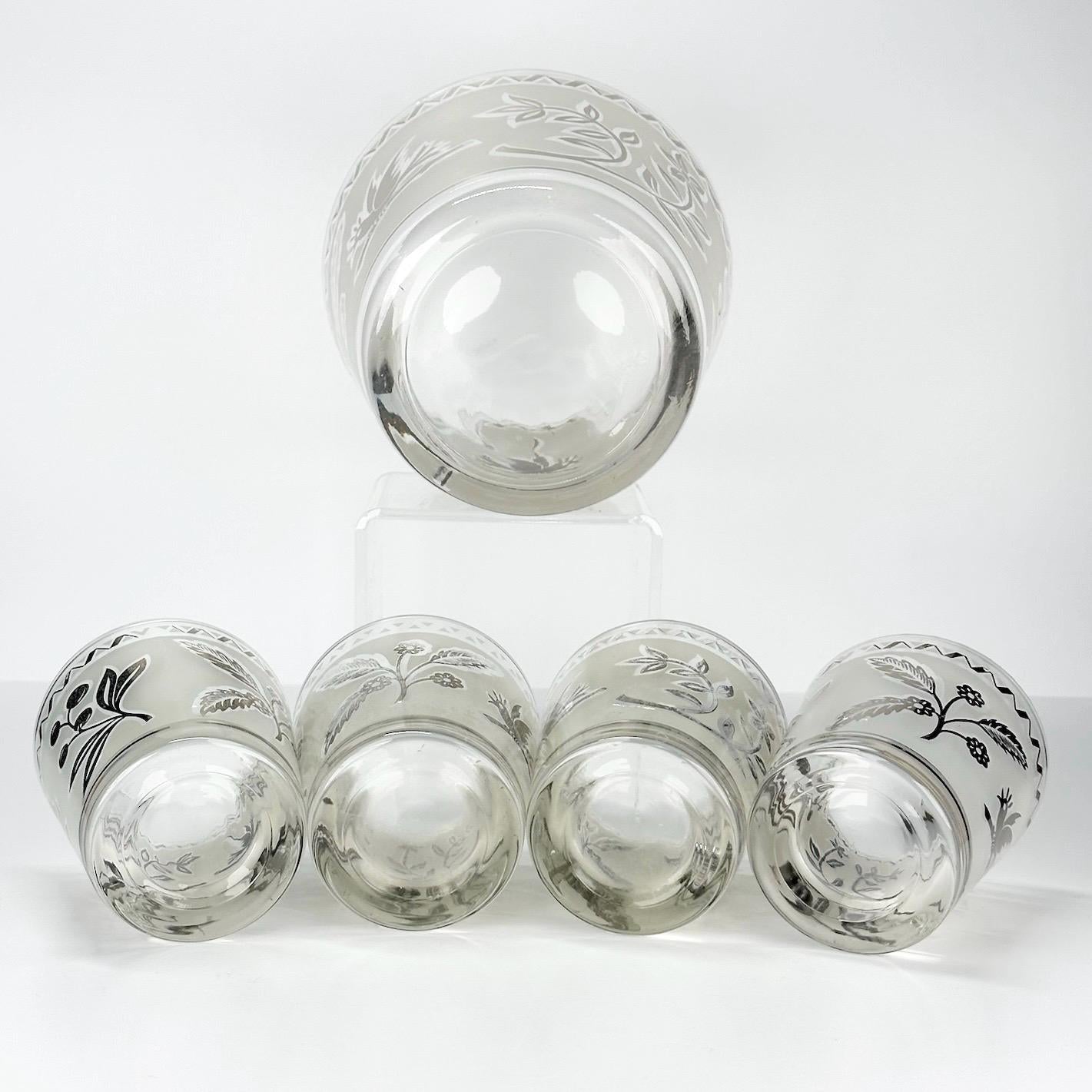 Vintage Ice Bucket and Tumbler Set with Silver Leaf Design by Libbey
