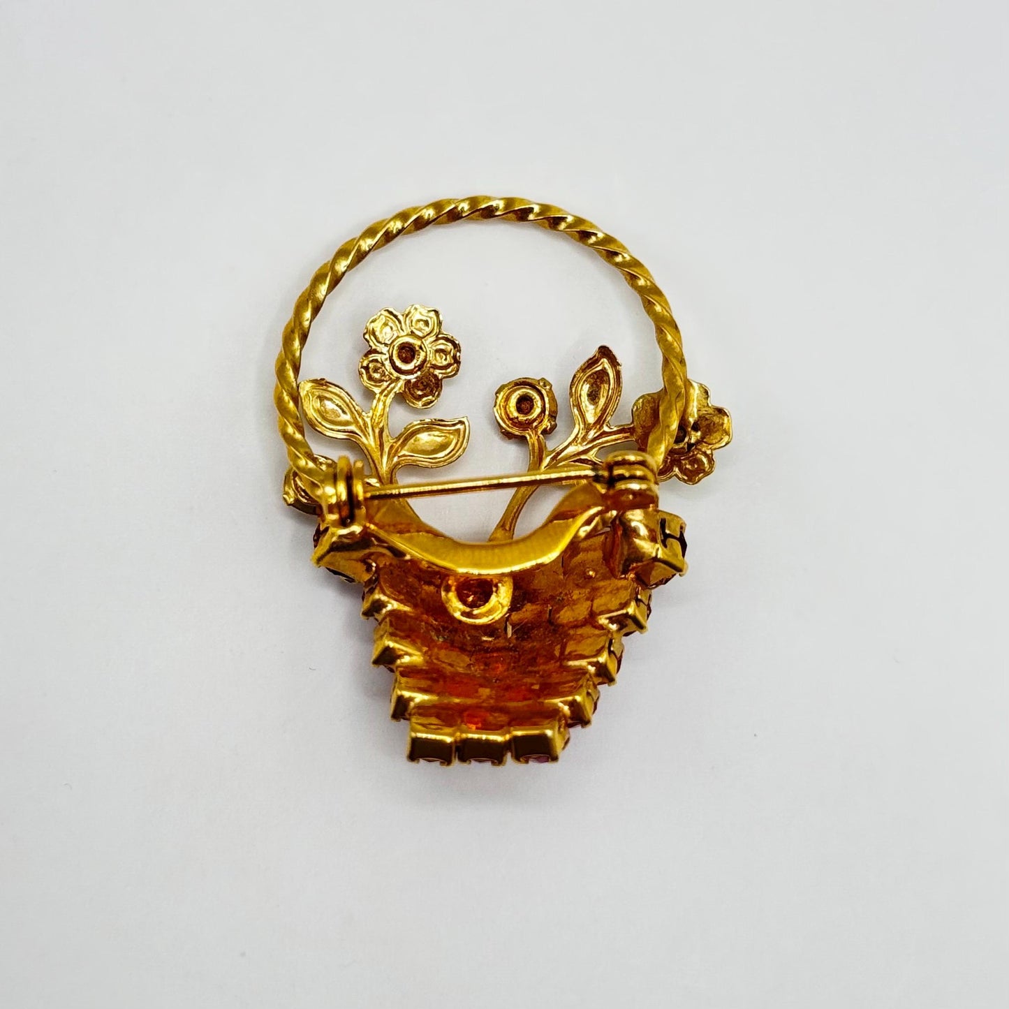 Vintage Brooch of a Spring Flower Basket with Rhinestones