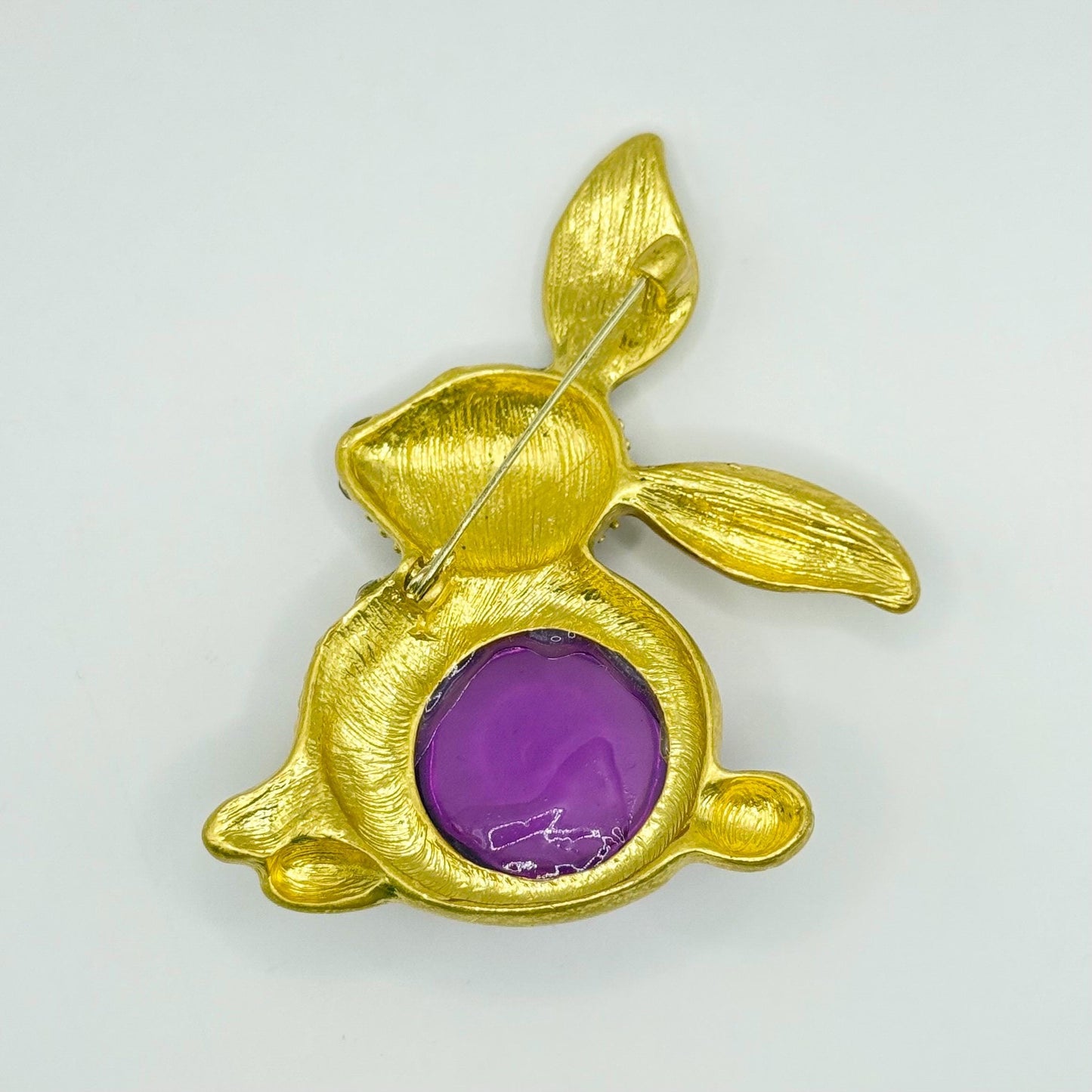 Vintage Brooch of Bunny Rabbit in Gold Tone with Pink Rhinestones & Purple Resin