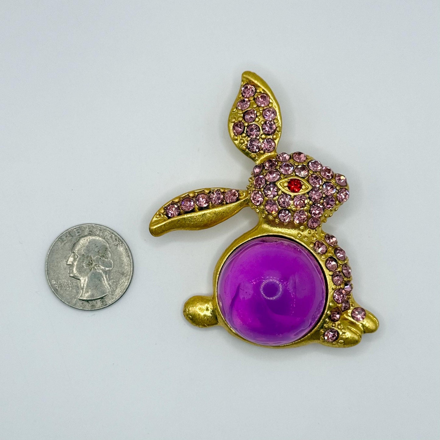 Vintage Brooch of Bunny Rabbit in Gold Tone with Pink Rhinestones & Purple Resin