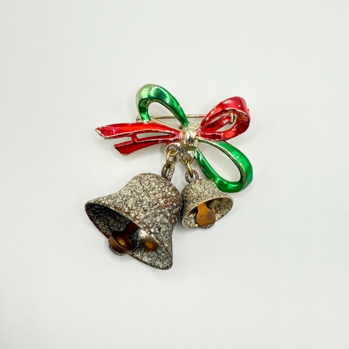 Vintage Brooch Pin of Christmas Jingle Bells with Enamel Painted Ribbon