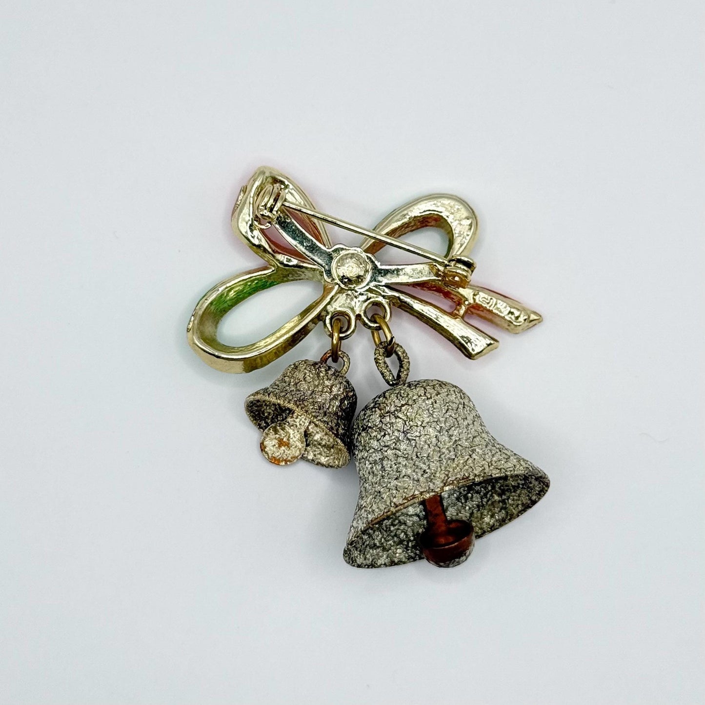 Vintage Brooch Pin of Christmas Jingle Bells with Enamel Painted Ribbon