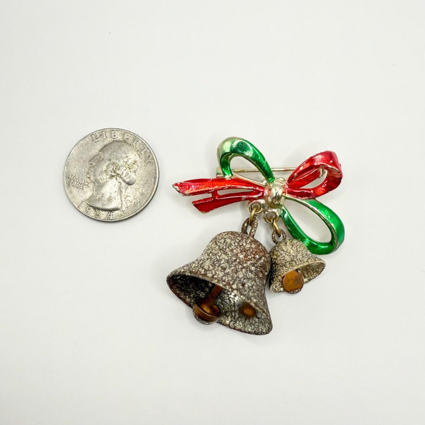 Vintage Brooch Pin of Christmas Jingle Bells with Enamel Painted Ribbon