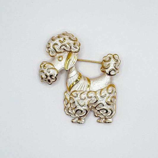 Vintage Brooch of Poodle in Gold Tone White Enamel and Rhinestone Eye by Parklane