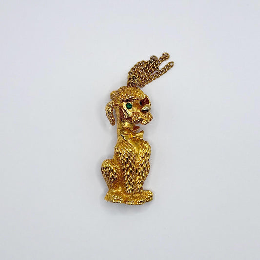 Vintage Brooch Pin of Poodle in Gold Tone with Green Rhinestone Eyes