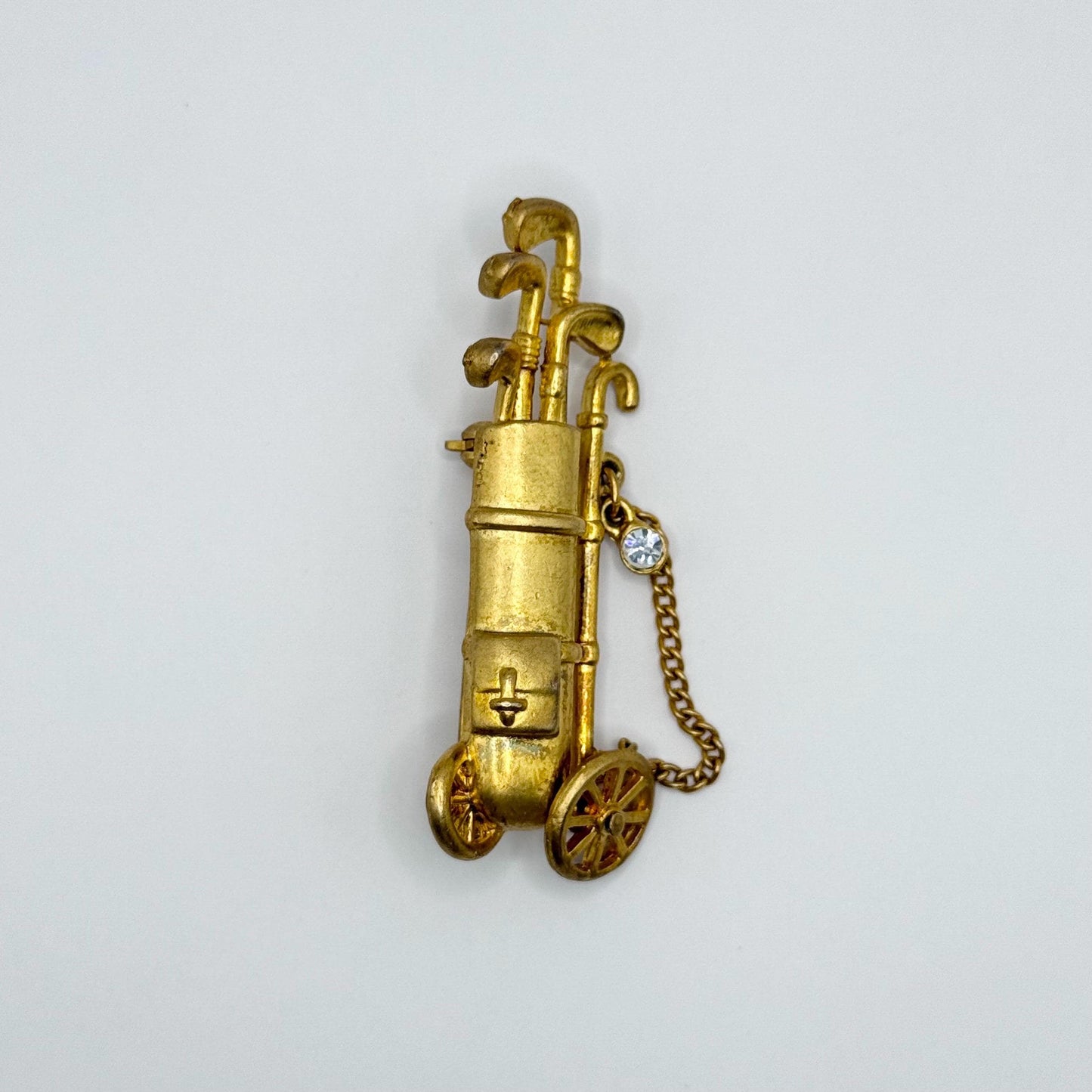 Vintage Brooch Pin of Golf Bag in Gold Tone with Chain and Rhinestone