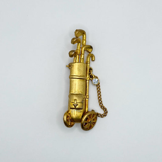 Vintage Brooch Pin of Golf Bag in Gold Tone with Chain and Rhinestone