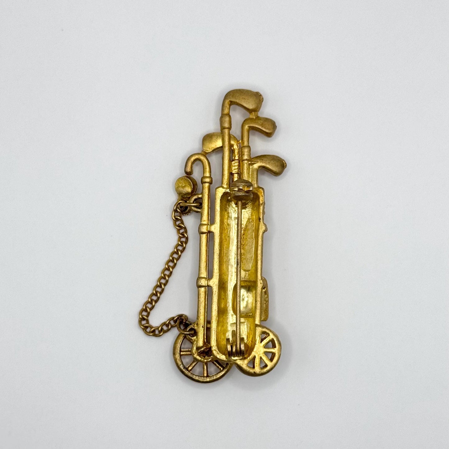Vintage Brooch Pin of Golf Bag in Gold Tone with Chain and Rhinestone