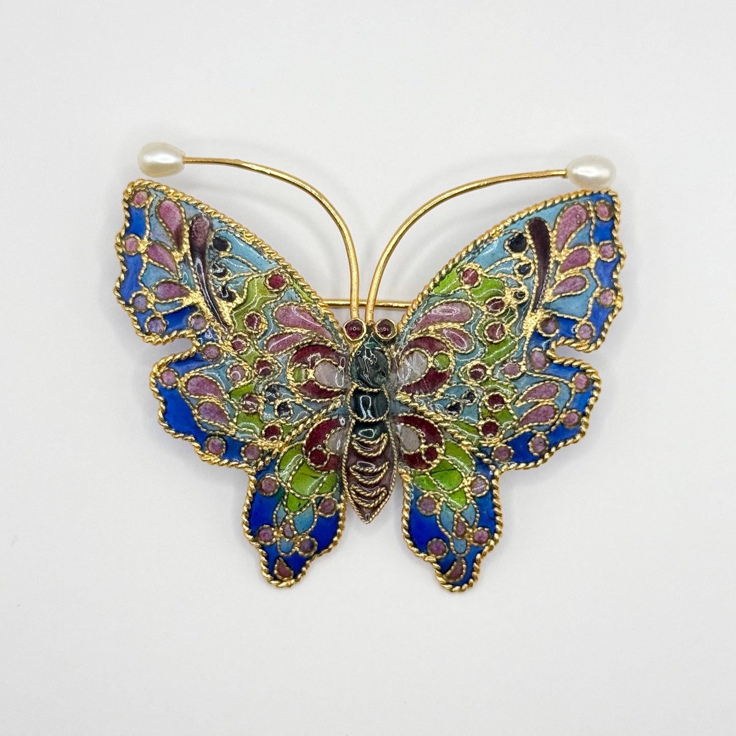 Vintage Pearl Butterfly Brooch of Plique-A-Jour Stained Glass
