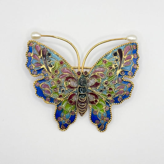 Vintage Pearl Butterfly Brooch of Plique-A-Jour Stained Glass