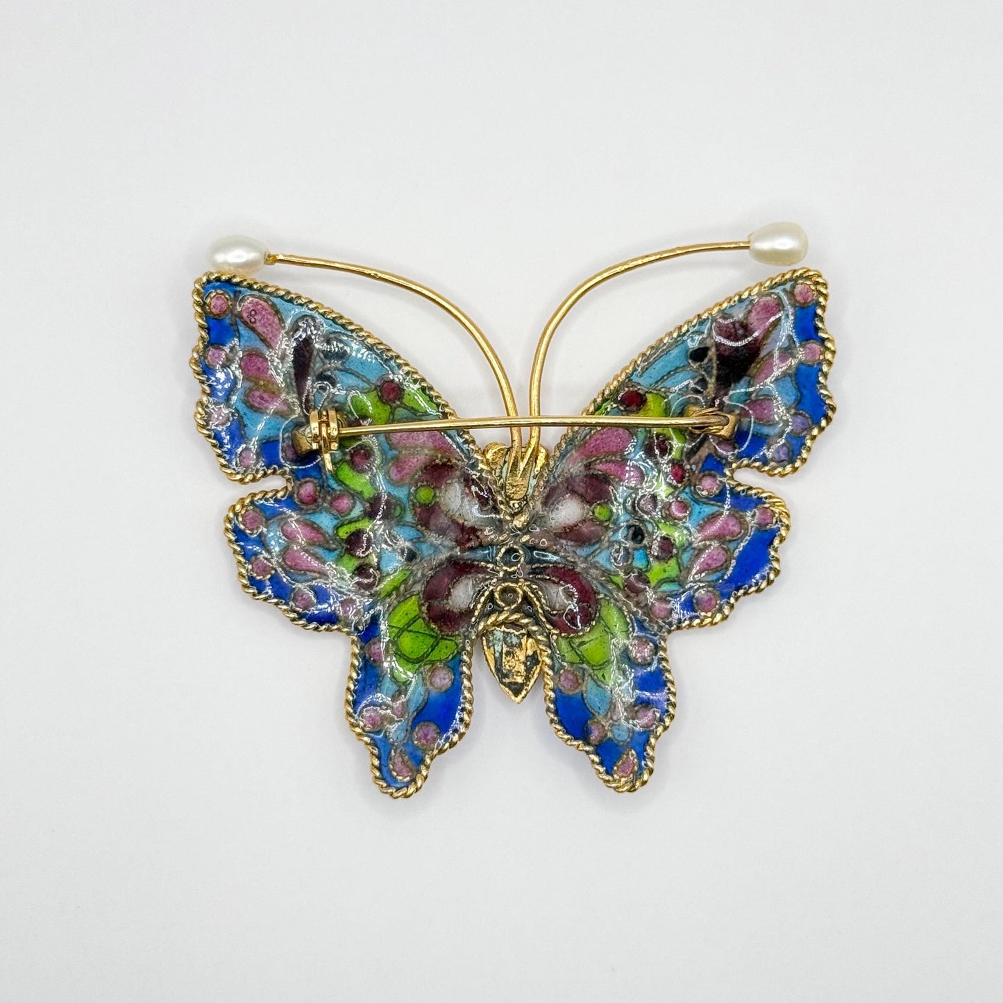 Vintage Pearl Butterfly Brooch of Plique-A-Jour Stained Glass