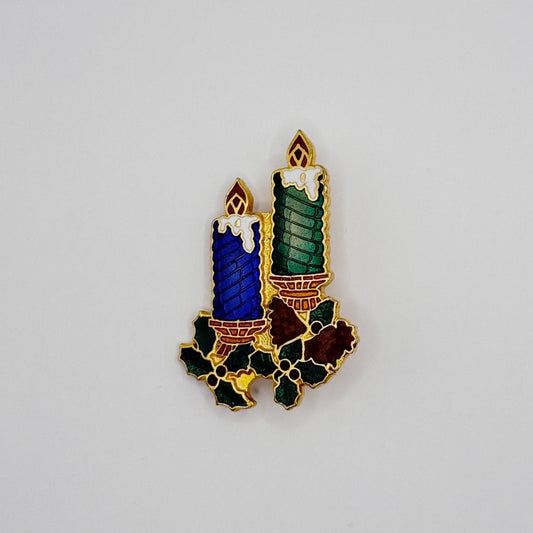 Vintage Brooch Pin of Enameled Candles with Holly and Pinecones