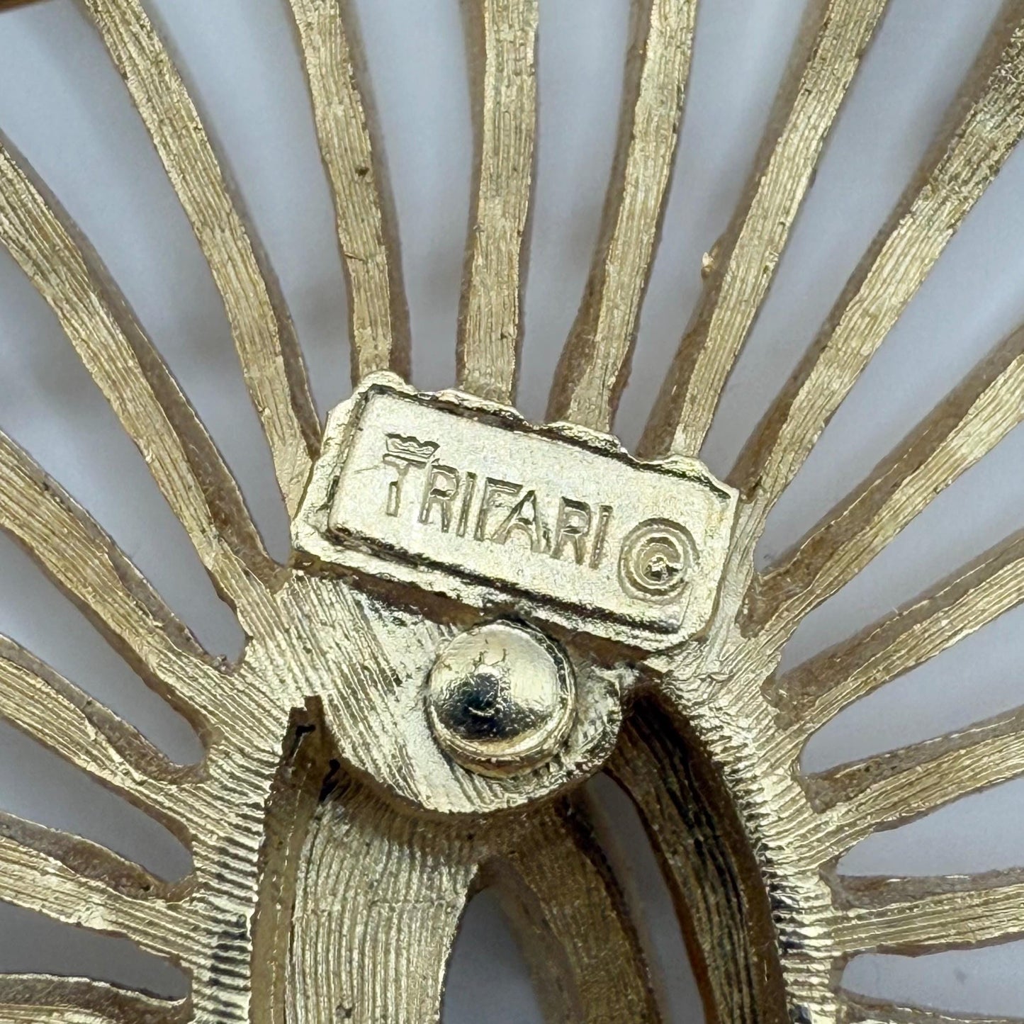 Vintage Brooch Pin with Peacock Tail Design in Gold Tone and Stamped Crown Trifari