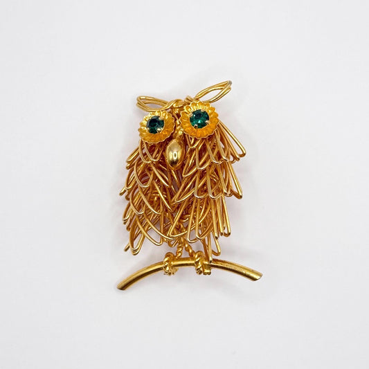 Vintage Brooch Pin of a Wire Owl in Gold Tone with Green Rhinestone Eyes