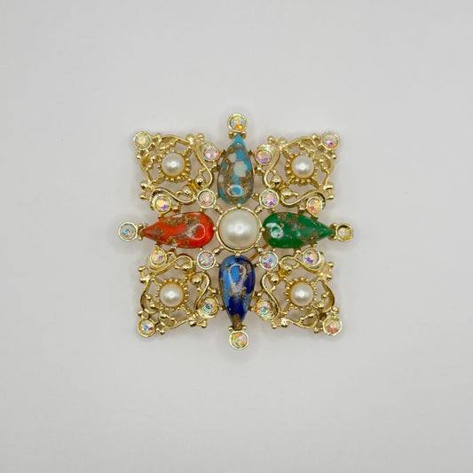 Vintage Brooch by Sarah Coventry of Maltese Cross in Gold Tone Rhinestone Lucite Pin