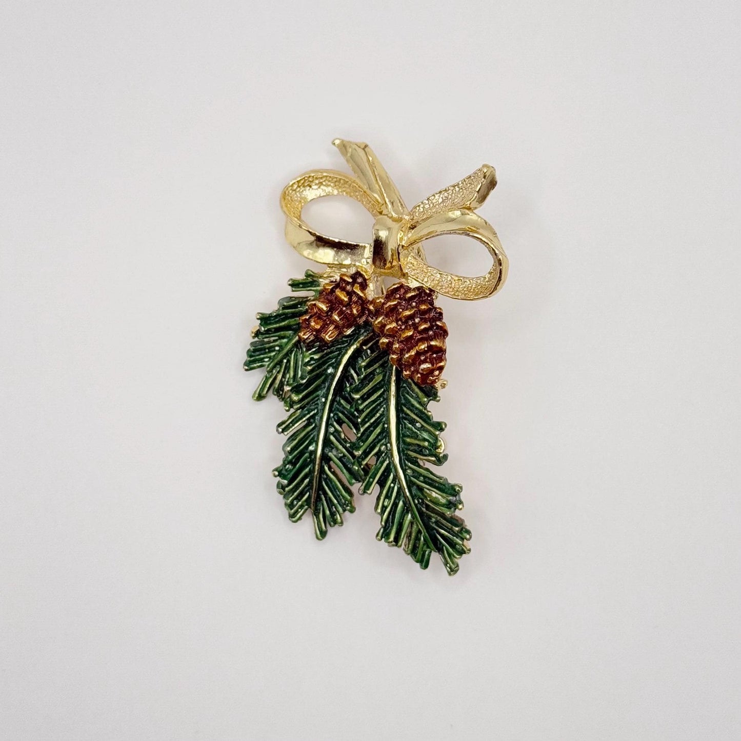 Vintage Brooch Pin of Enameled Pine Bough and Gold Tone Bow Stamped Gerry's