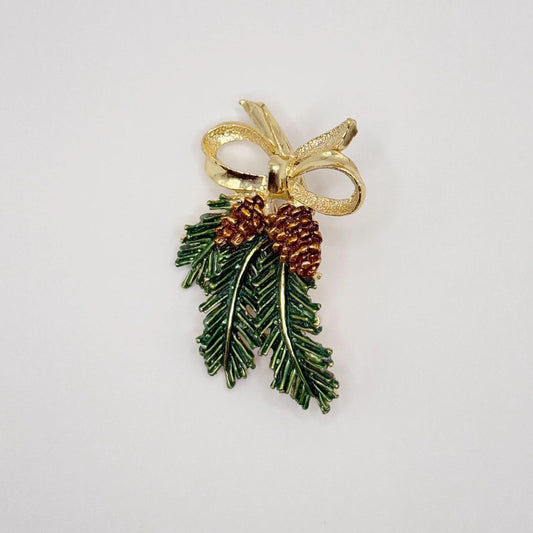 Vintage Brooch Pin of Enameled Pine Bough and Gold Tone Bow Stamped Gerry's