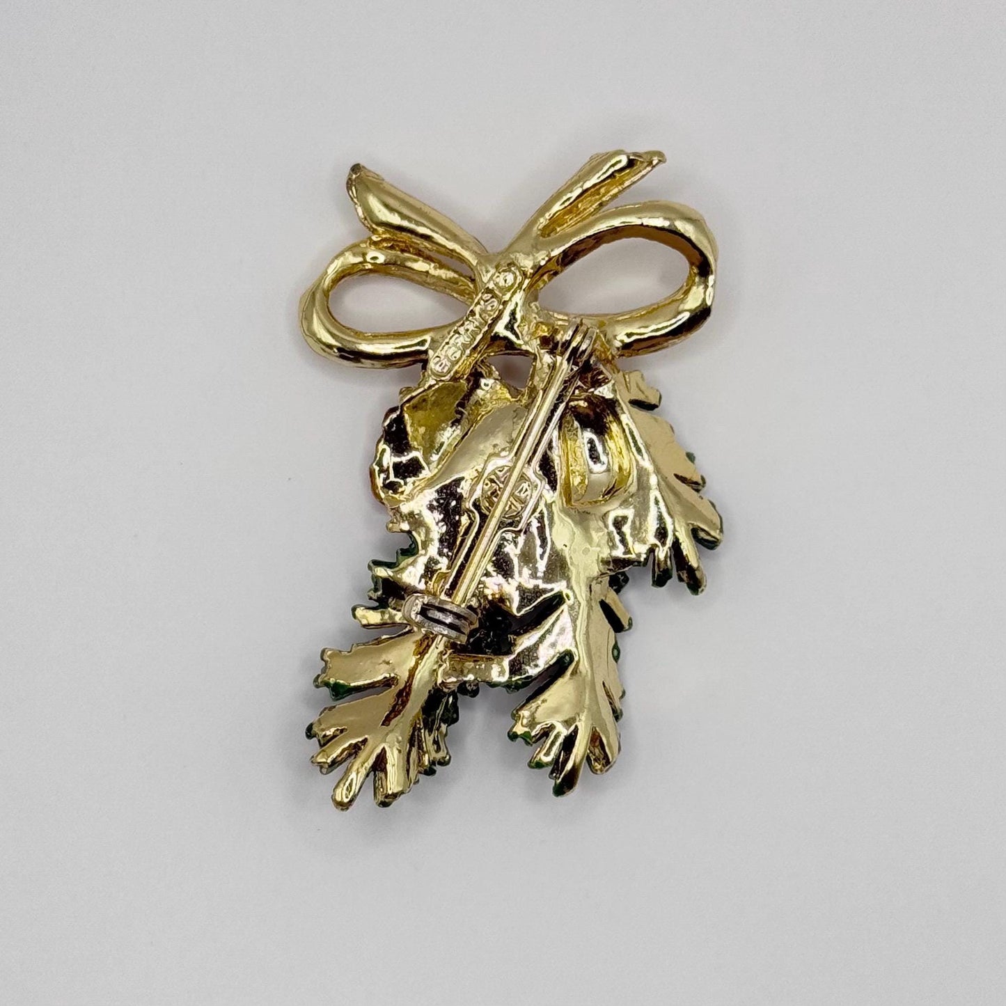 Vintage Brooch Pin of Enameled Pine Bough and Gold Tone Bow Stamped Gerry's