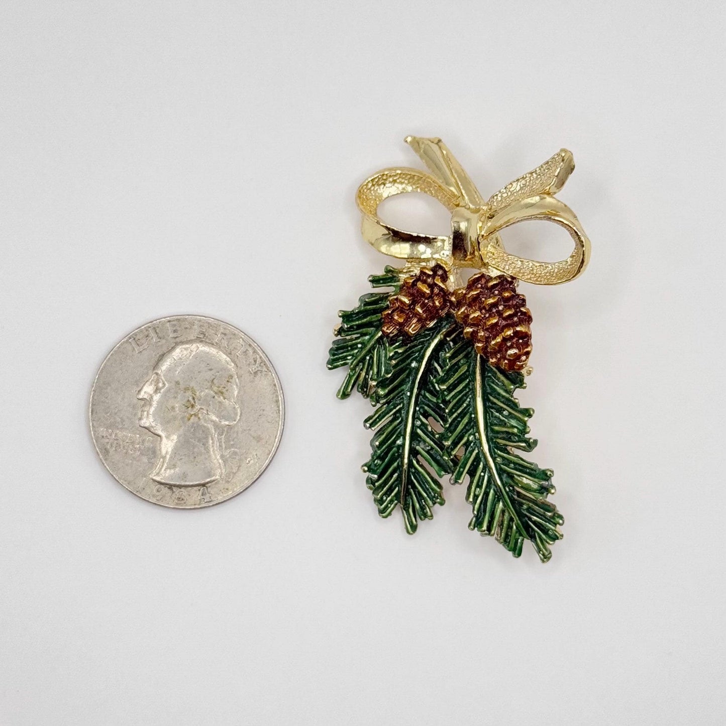 Vintage Brooch Pin of Enameled Pine Bough and Gold Tone Bow Stamped Gerry's