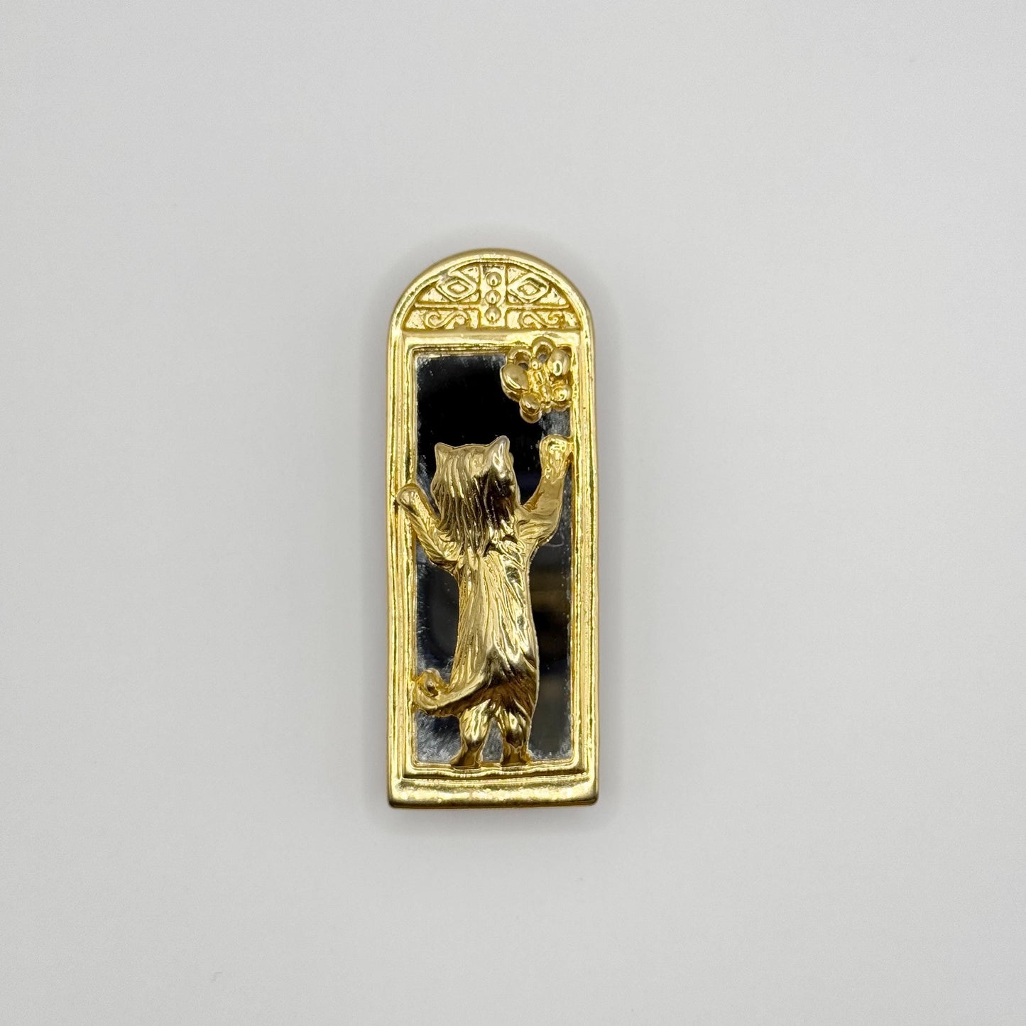 Vintage Brooch of a Cat Chasing a Butterfly on a Mirror ADORABLE
