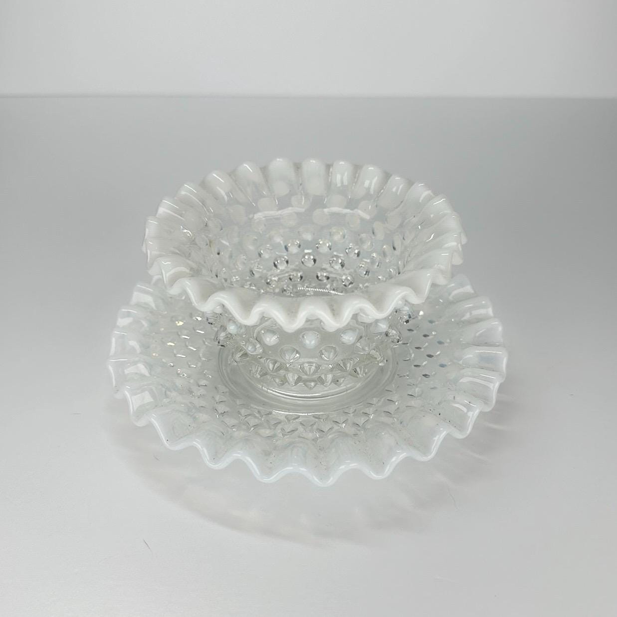 Vintage Fenton Hobnail Mayonnaise Bowl with Plate in White Opalescent Moonstone Glass