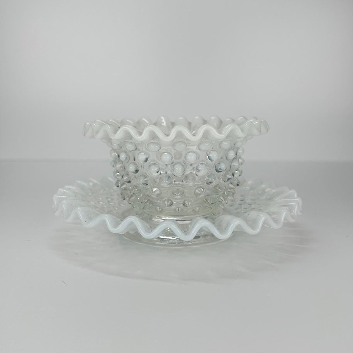 Vintage Fenton Hobnail Mayonnaise Bowl with Plate in White Opalescent Moonstone Glass