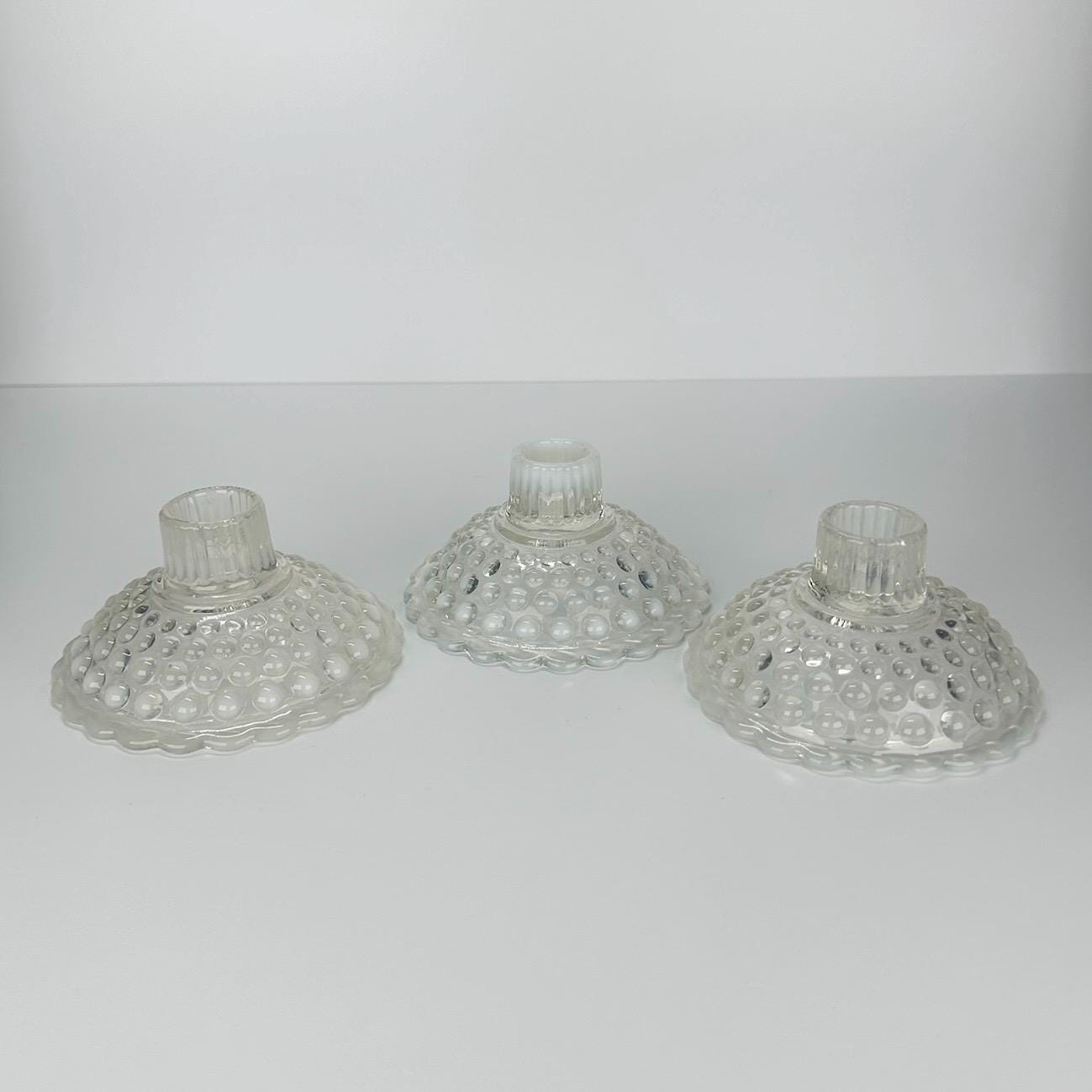 Vintage Fenton Candlestick Holders in White Opalescent Hobnail Glass Design Set of 3