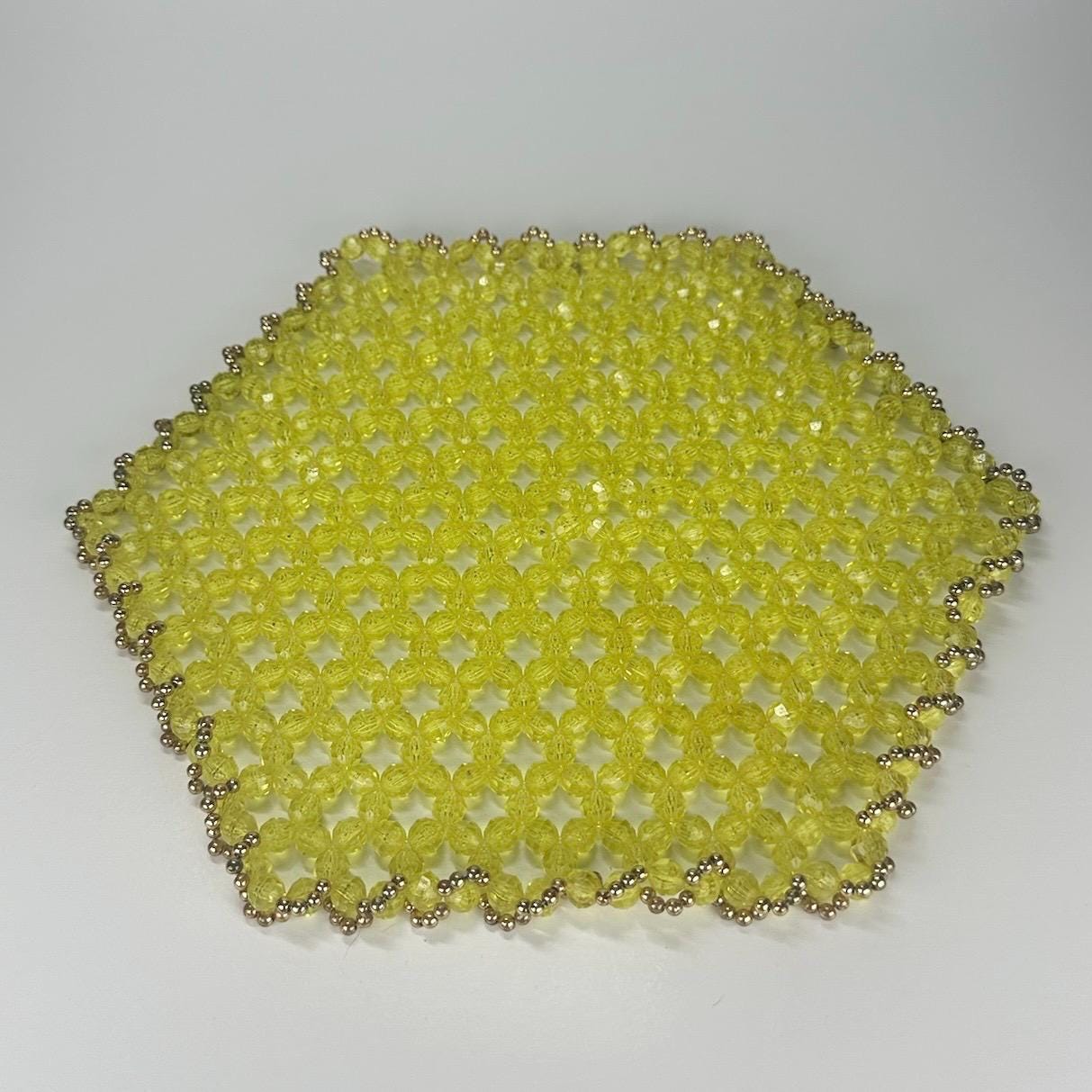 Vintage Handmade Beaded Doily and Napkin Rings in Yellow with Gold Accents