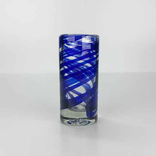 Vintage Handblown Mexican Glass Shot Glass in Cobalt Blue Swirl Design