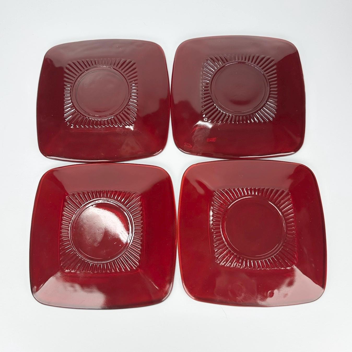Vintage Ruby Red Glass Square Cups and Saucers by Anchor Hocking Set of 4