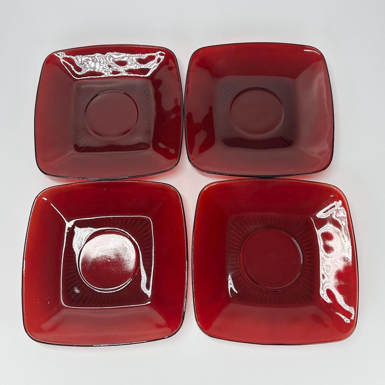 Vintage Ruby Red Glass Square Cups and Saucers by Anchor Hocking Set of 4