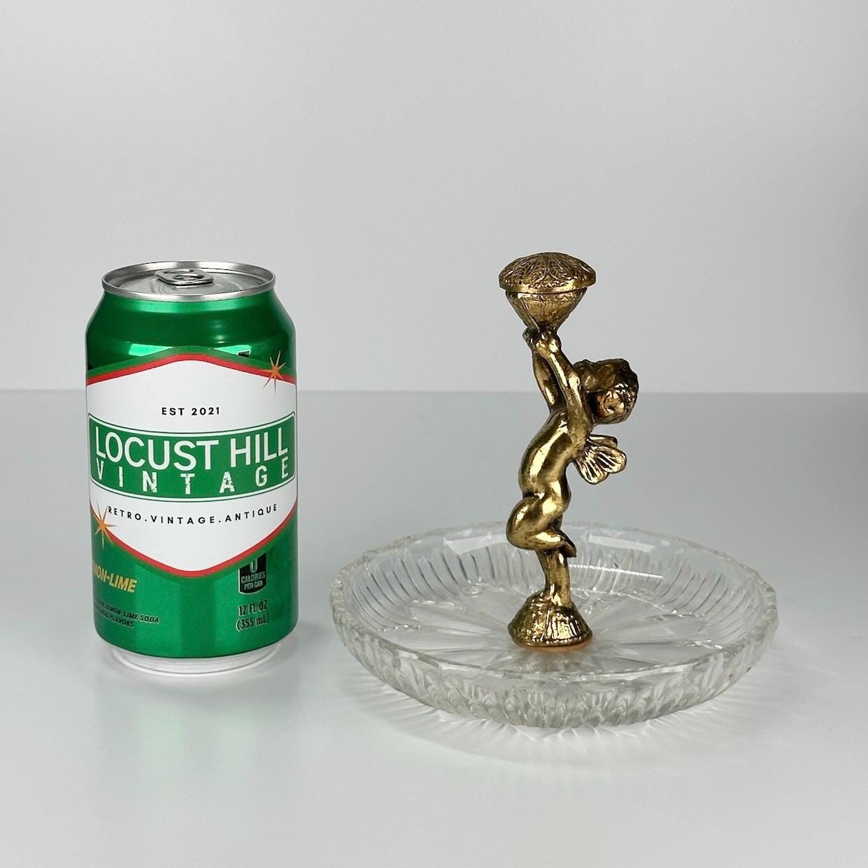 Vintage Ashtray With Cut Glass and Brass Cherub Statue