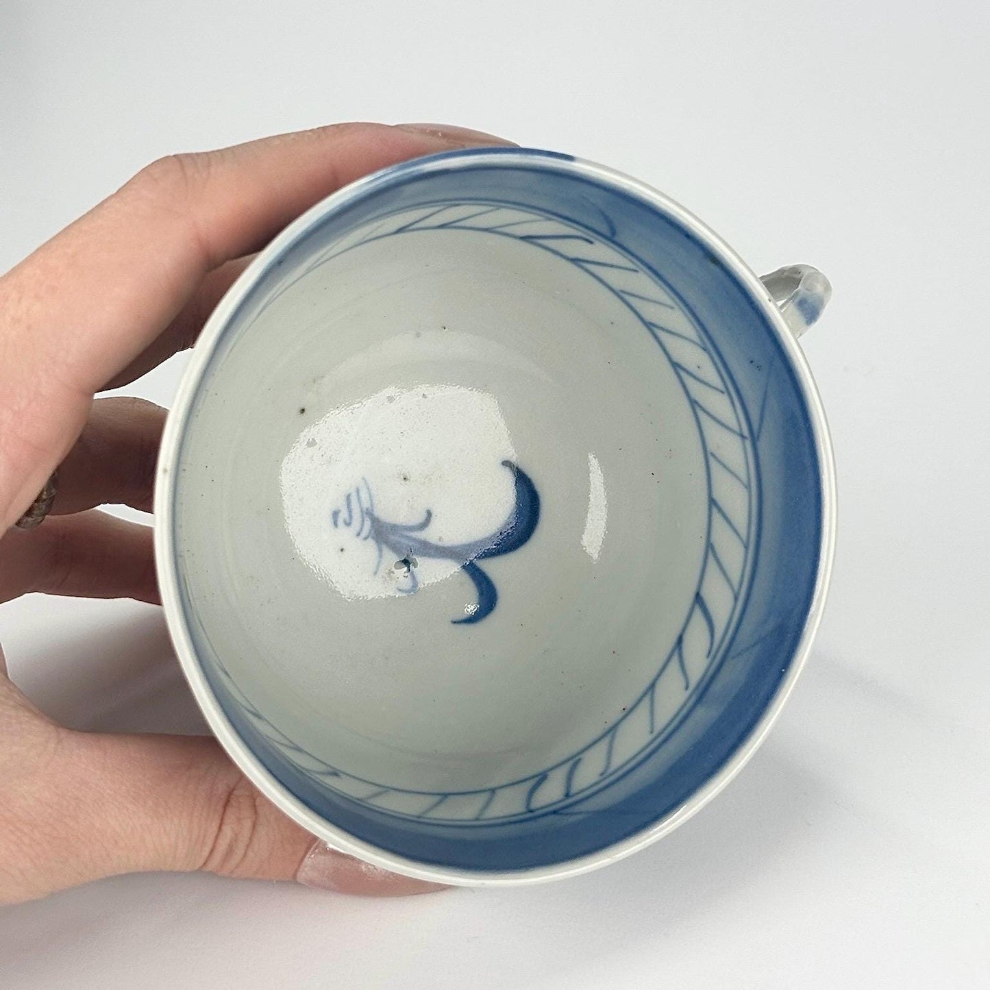 Antique Canton Tea Cup in White and Blue Chinese Pagoda Design