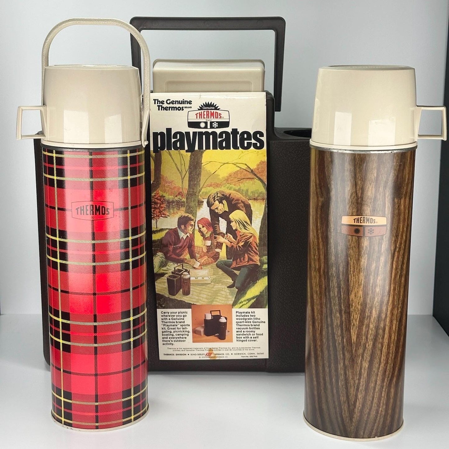 Vintage Thermos Playmates Picnic Kit with Wood Grain Design