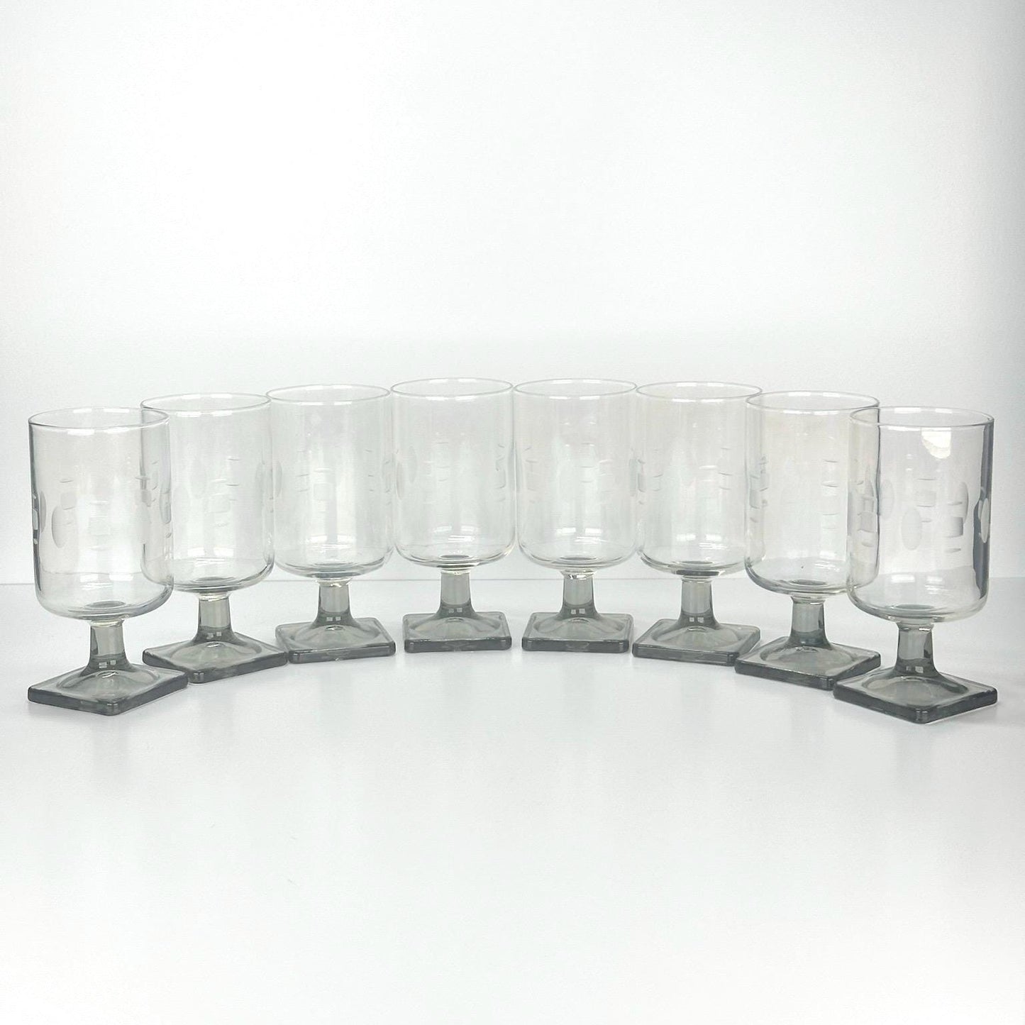 Vintage Goblet Set with Etched Design and Smoked Grey Square Base by  Federal Glass