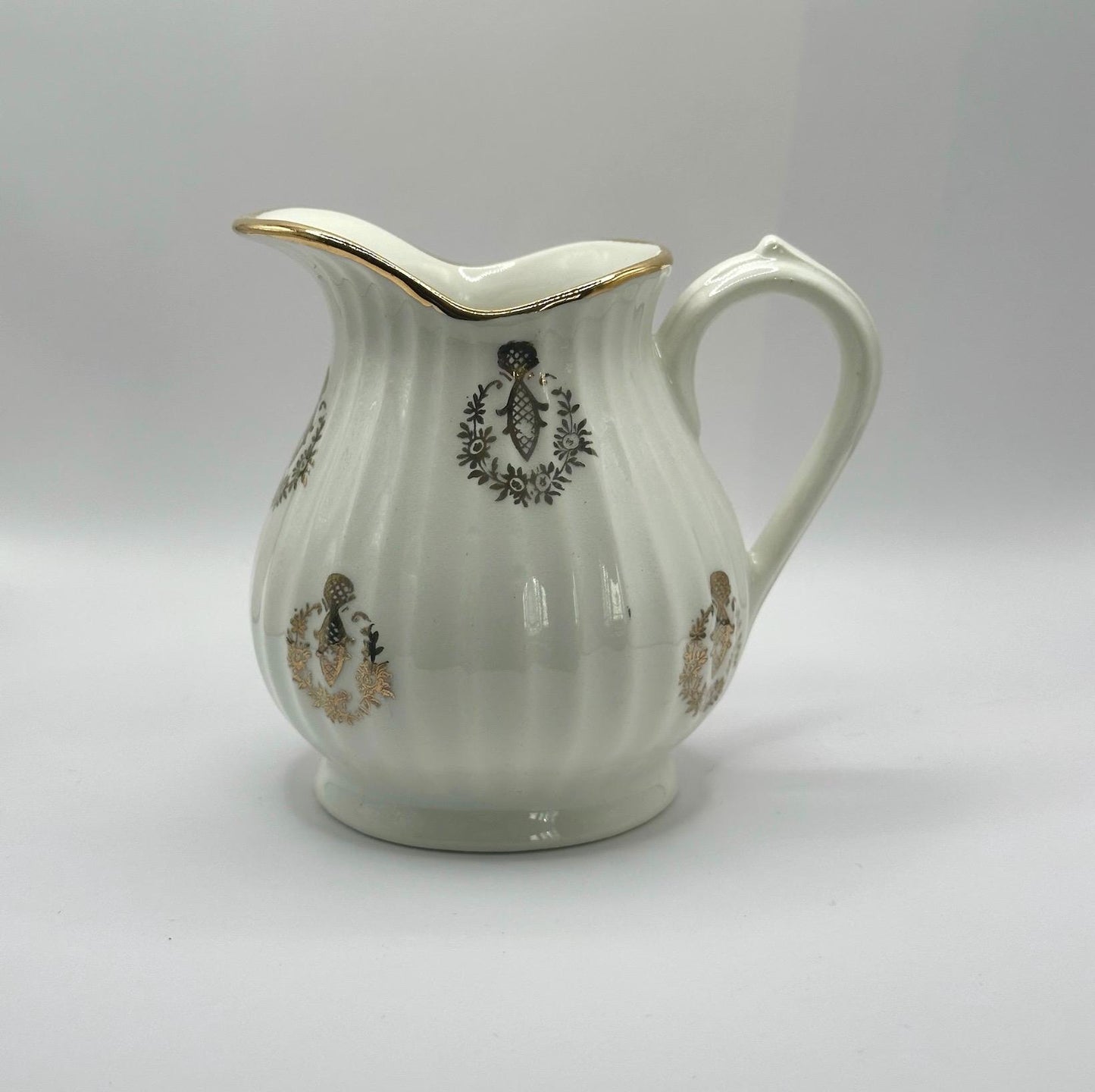 Vintage Ceramic Pitcher with White and Gold Floral Design Stamped Capodimonte