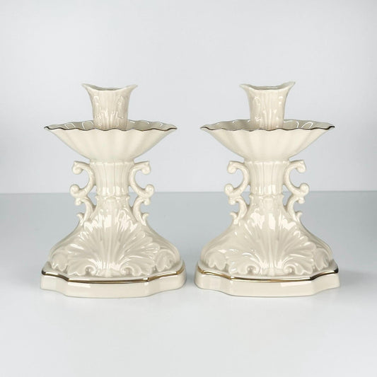 Vintage Candle Holder Set with 24K Gold Trim by Lenox from Aquarius Collection