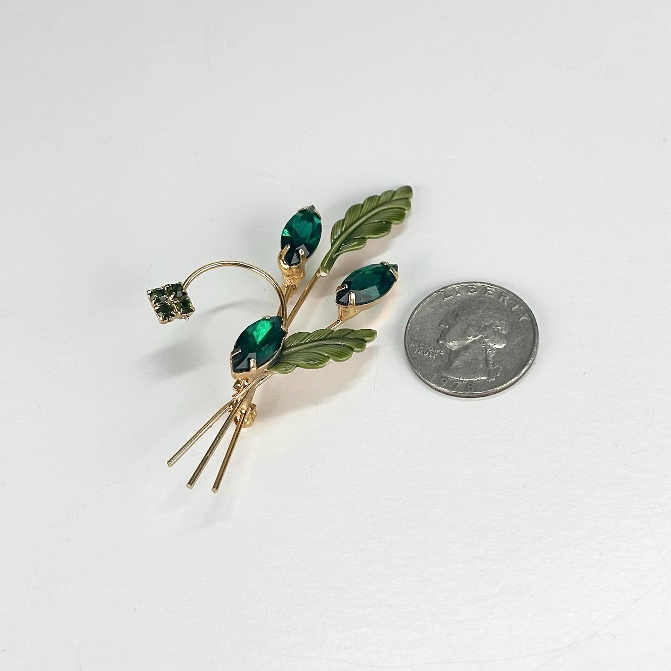 Vintage Brooch Pin with Green Gemstone Flowers and Enamel Painted Flowers
