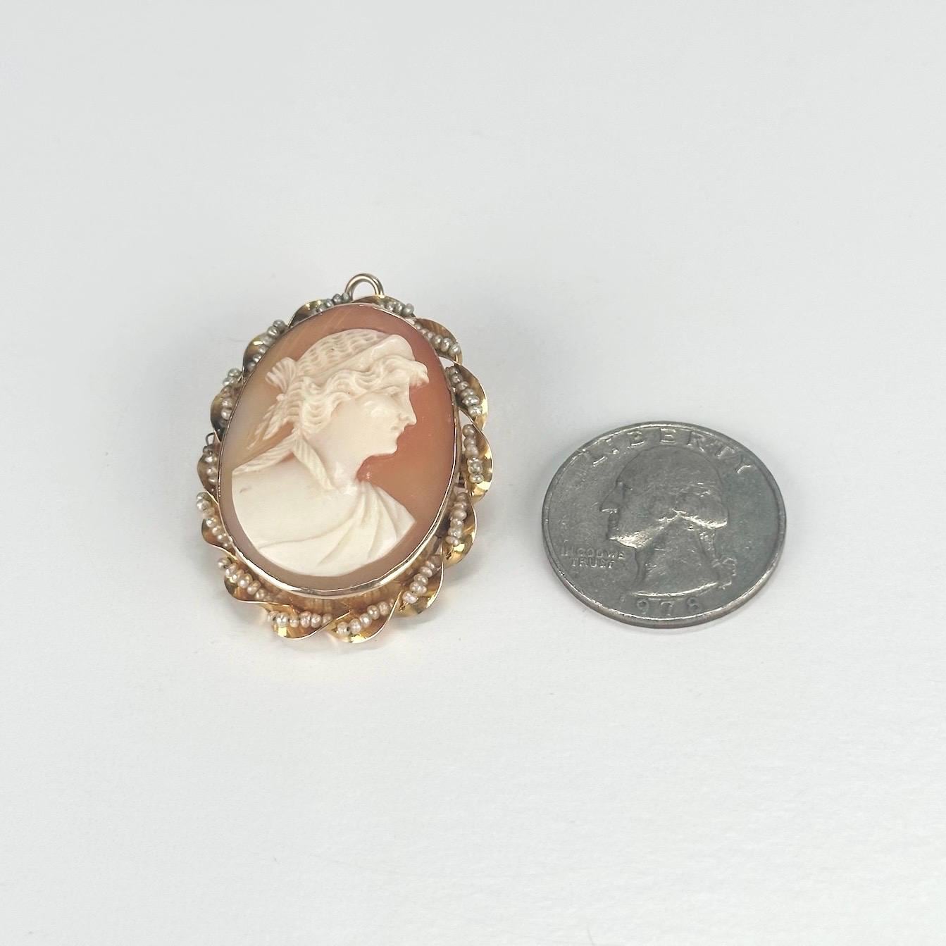 Victorian Brooch Pendant of Hand Carved Shell Cameo With Seed Pearl 10k Gold Frame